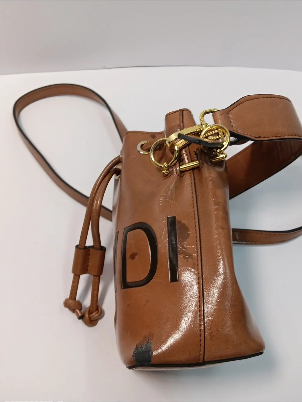 Fendi Tan Leather Logo Drawstring Crossbody Bag